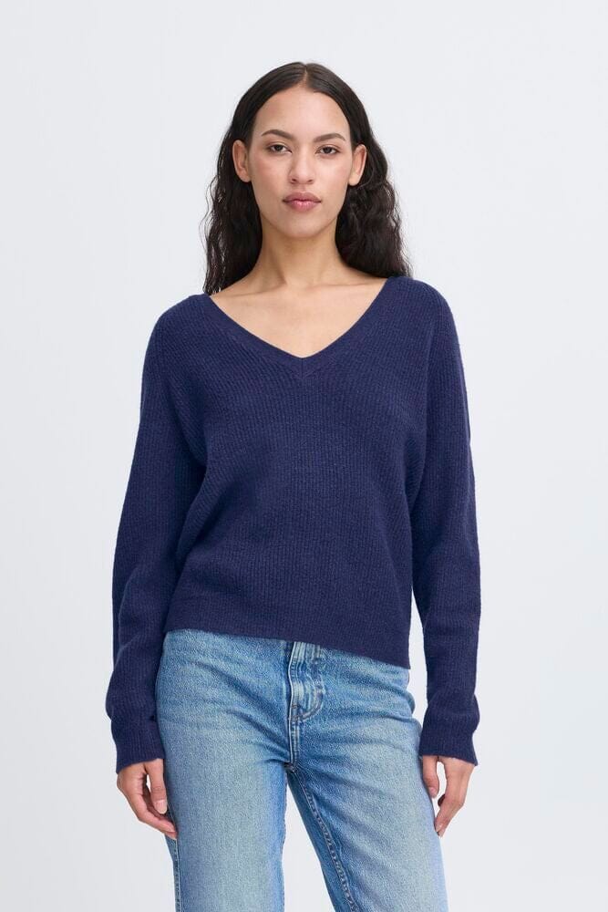 NAVY VNECK SWEATER, ICHI