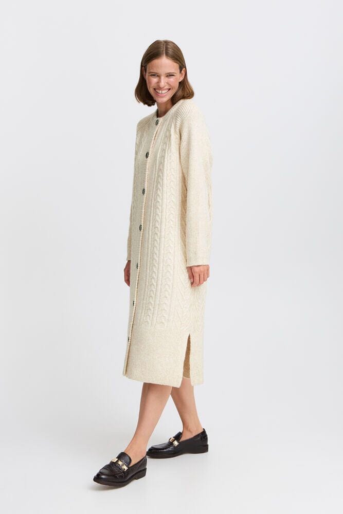 SOFT HERITAGE CARDIGAN DRESS, B YOUNG, cream cable knit dress, long button up cardigan dress