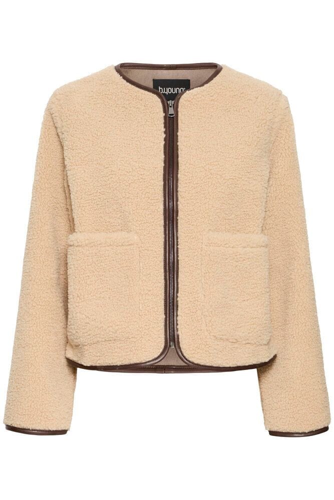 BOUCLE JACKET WITH LEATHER TRIM, Beige Jacket, B YOUNG, boucle jacket womens, cream sherpa jacket