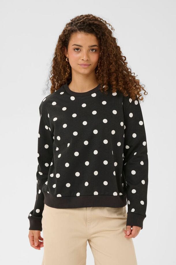 black polka dot sweatshirt, women polka dot pullover, black and white spotted sweater, casual chic sweatshirt women