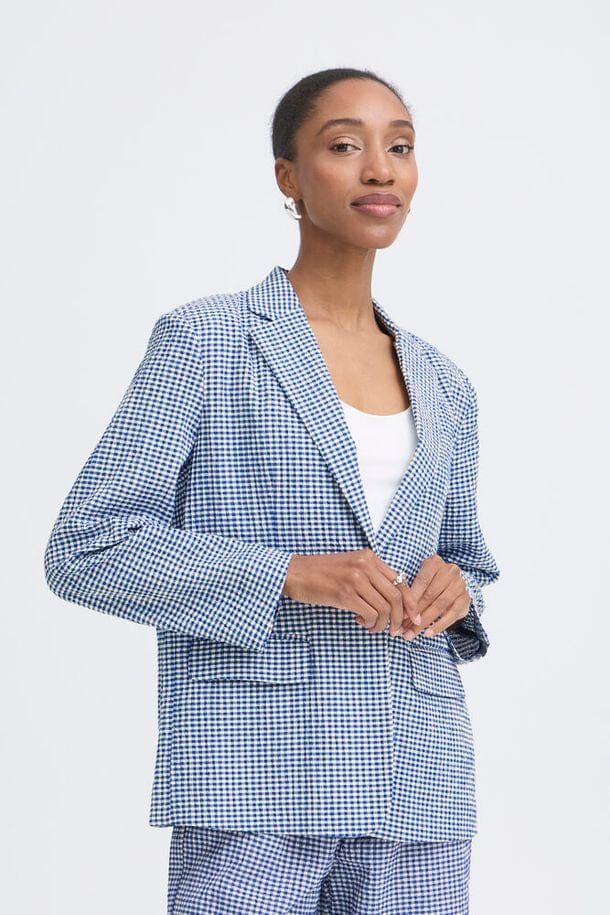 blue gingham blazer women, relaxed fit blazer women, blue and white check blazer, women lightweight spring blazer