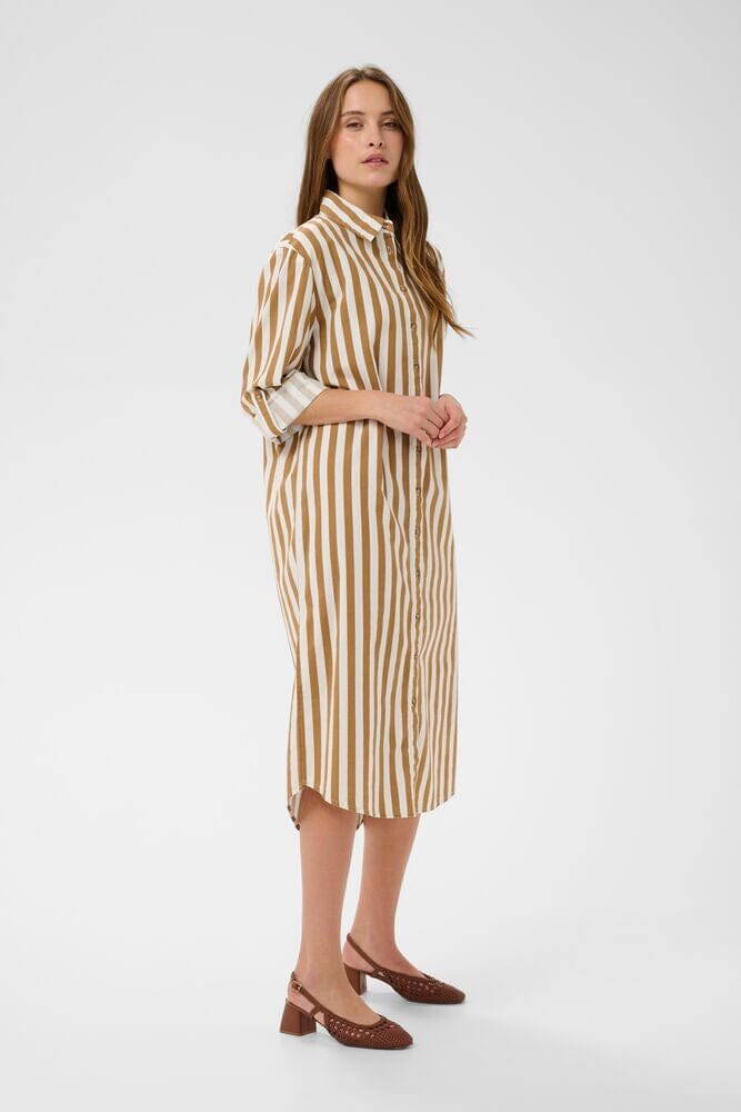 LINDA BUTTON DOWN SHIRT DRESS, saint tropez, striped shirt dress women, button down shirt dress women, neutral striped dress women, long sleeve shirt dress women