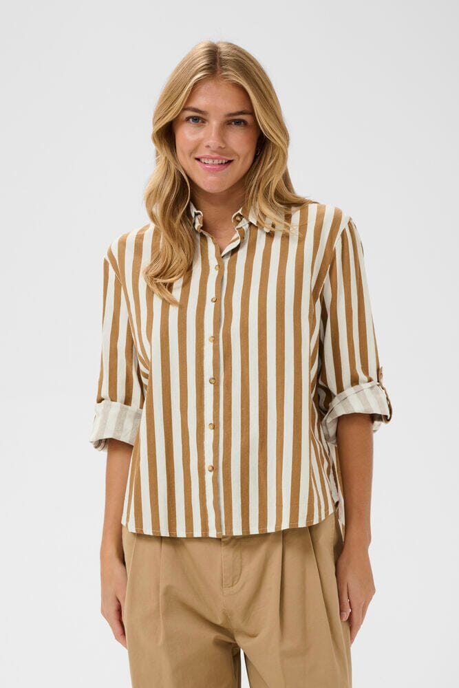 LINDA BUTTON DOWN SHIRT, saint tropez, striped button down shirt women, neutral striped blouse women, beige stripe shirt women