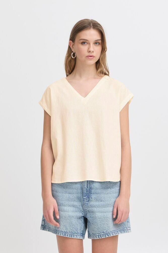 Cream Linen V Neck Top for Women | Relaxed Lightweight Summer