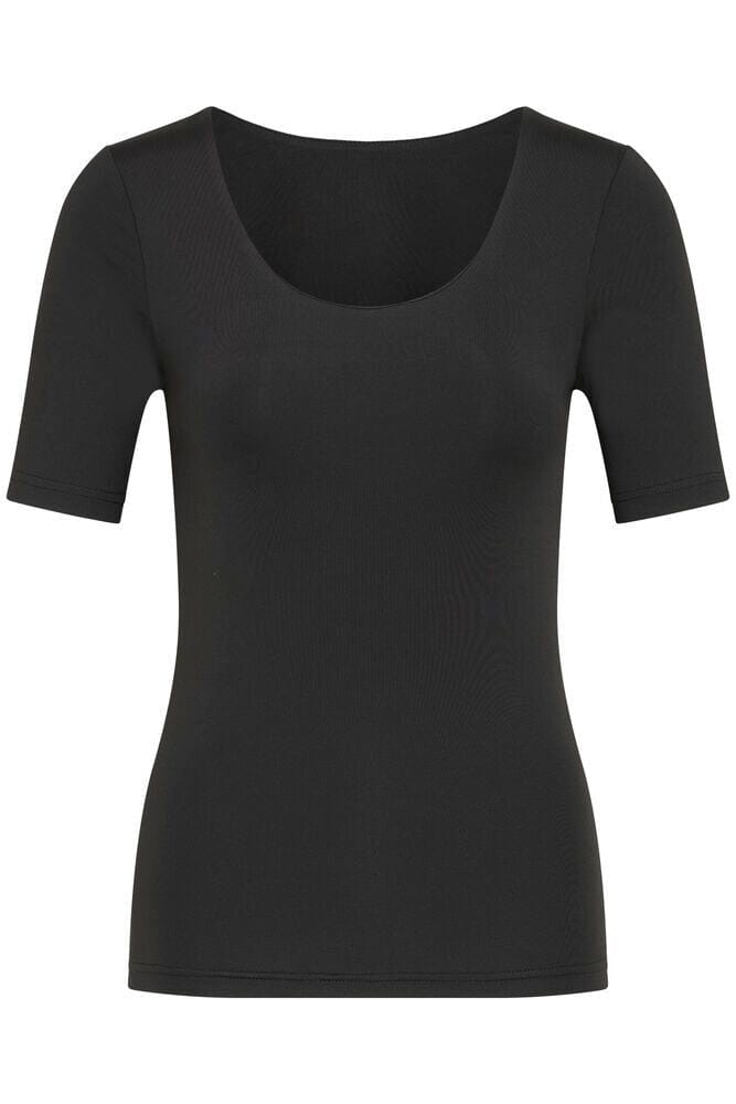 black fitted scoop neck tee women, black scoop neck t shirt women, fitted black basic tee women, elevated black t shirt women, minimalist black tee women outfit, everyday fitted black t shirt women, black short sleeve fitted top women, layering black t shirt women outfit, classic black fitted tee women