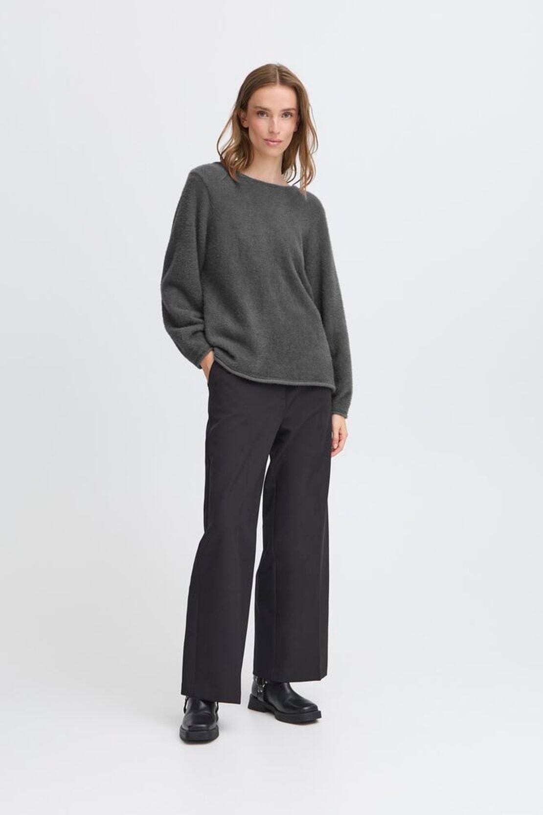 soft grey pullover, womens fuzzy knit top