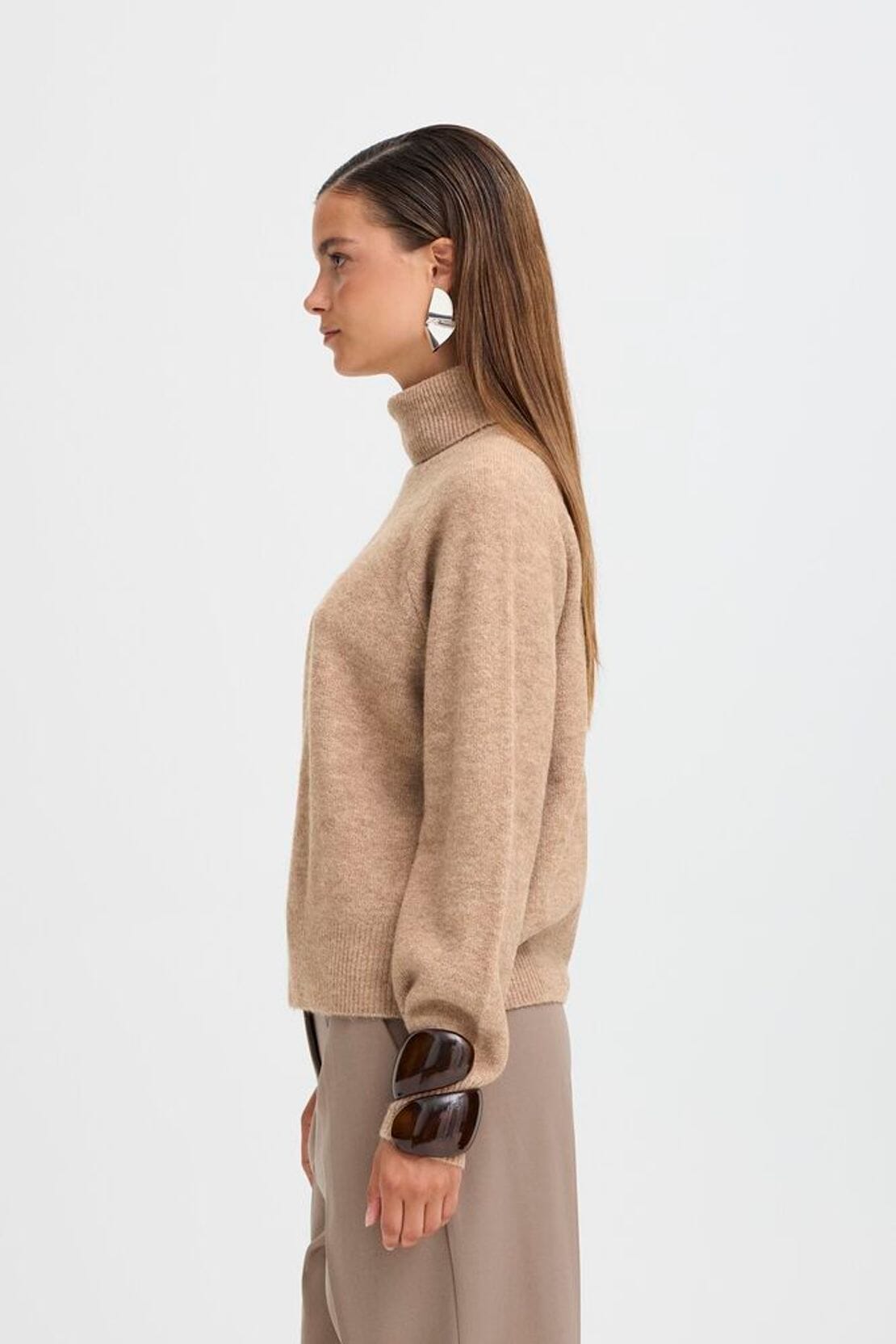 womens beige turtleneck sweater, soft knit walnut turtleneck