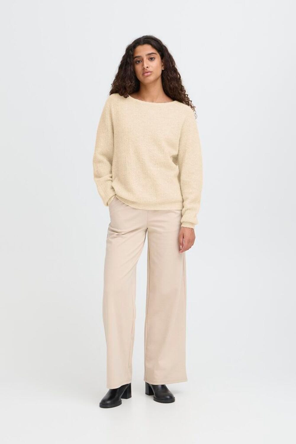 Lightweight beige sweater styled with tailored trousers, ICHI