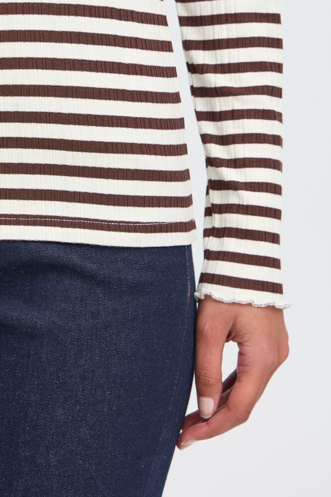 Brown and white striped long sleeve top with boat neckline, ICHI