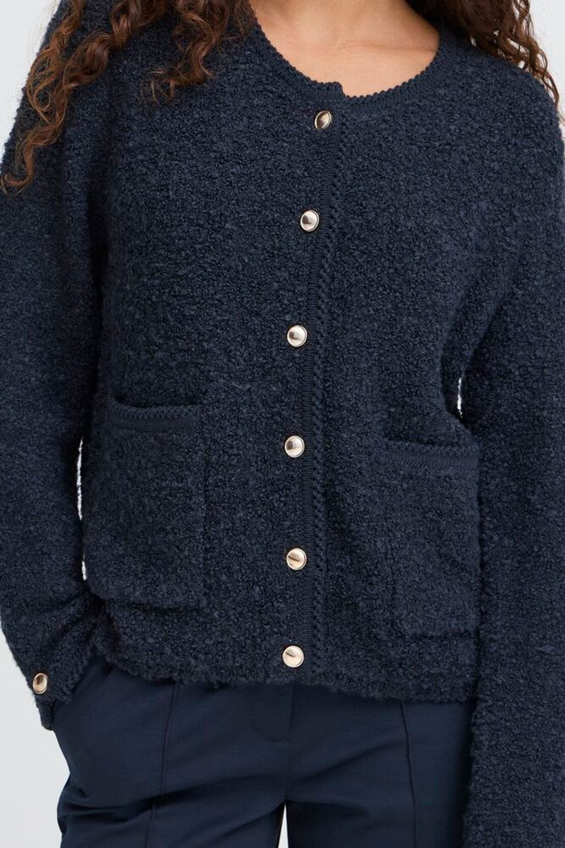 textured navy cardigan – women’s button front knit, ICHI