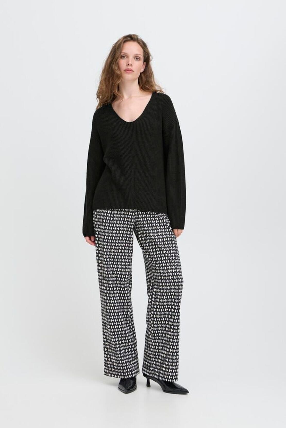Relaxed black deep v neck sweater with slouchy fit, ICHI