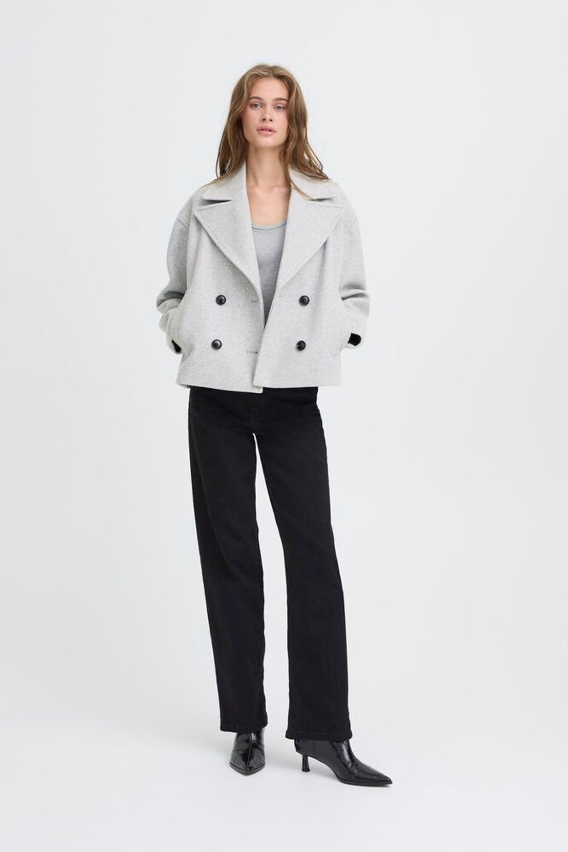 chic grey coat outfit, cropped grey wool jacket