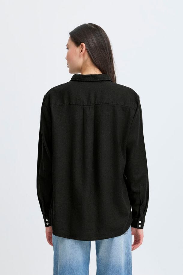 polished black linen top women, everyday linen shirt black women, neutral capsule wardrobe shirt black, modern black linen blouse women