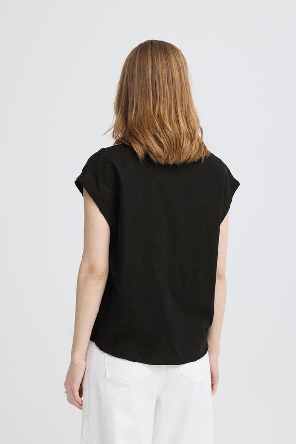 comfortable linen top women black, effortless linen outfit top women black, modern linen v neck blouse women black