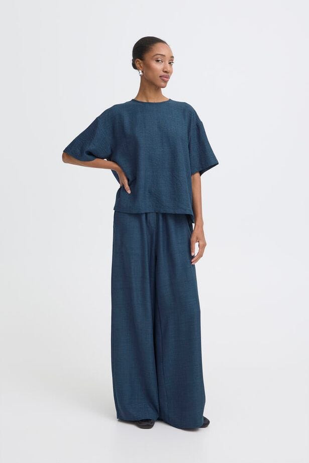 navy boxy blouse women, navy work blouse short sleeve, navy lightweight summer top, navy minimalist blouse, navy modern essential top, navy capsule wardrobe blouse