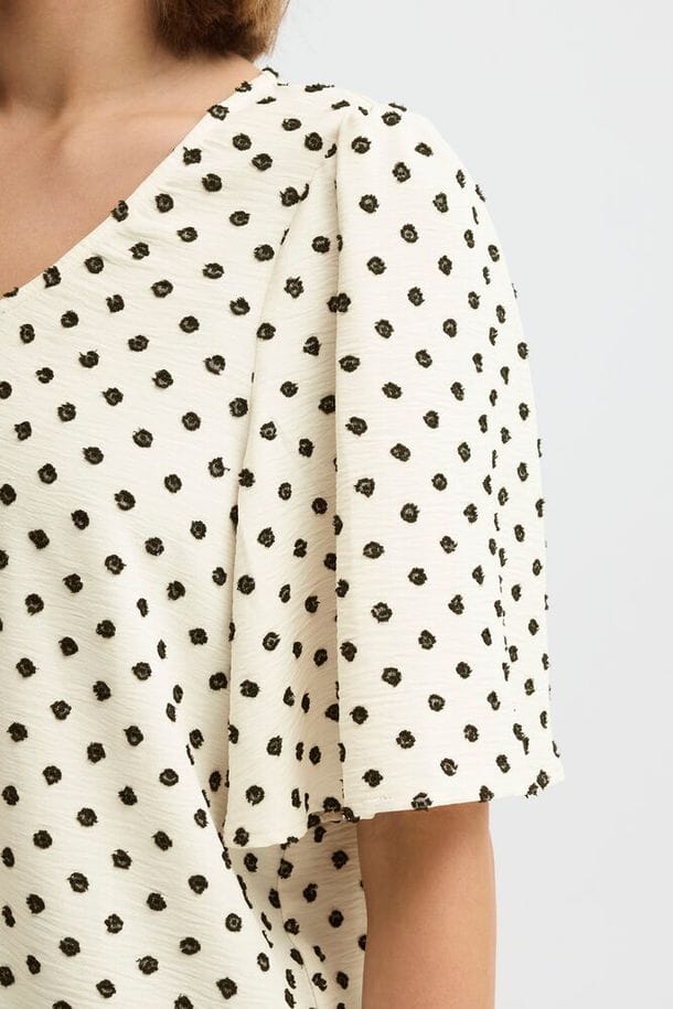 cream short sleeve blouse women, modern feminine top women, easy wear blouse women, printed v neck top women