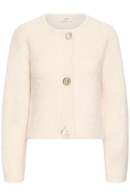 cropped knit with oversized buttons, minimal cream cardigan sweater