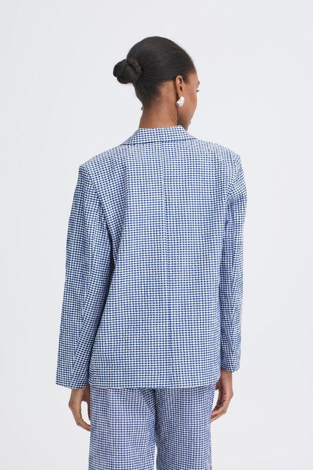 blue checkered blazer women, smart casual women jacket, single button blazer women, gingham workwear blazer