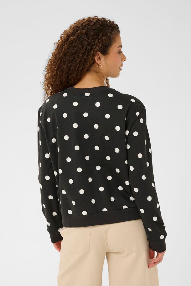classic dot print top, trendy women sweatshirt 2026, black crewneck polka dot