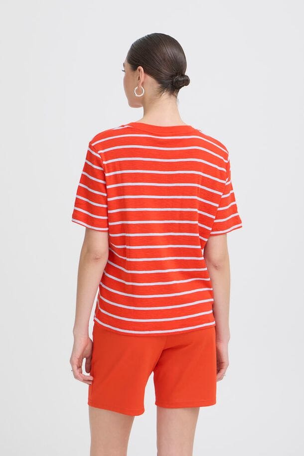 vibrant striped t shirt women, red stripe everyday tee women, stylish striped t shirt women