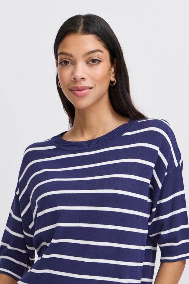 classic stripe shirt women, everyday knit top women, polished casual top women, navy stripe blouse women