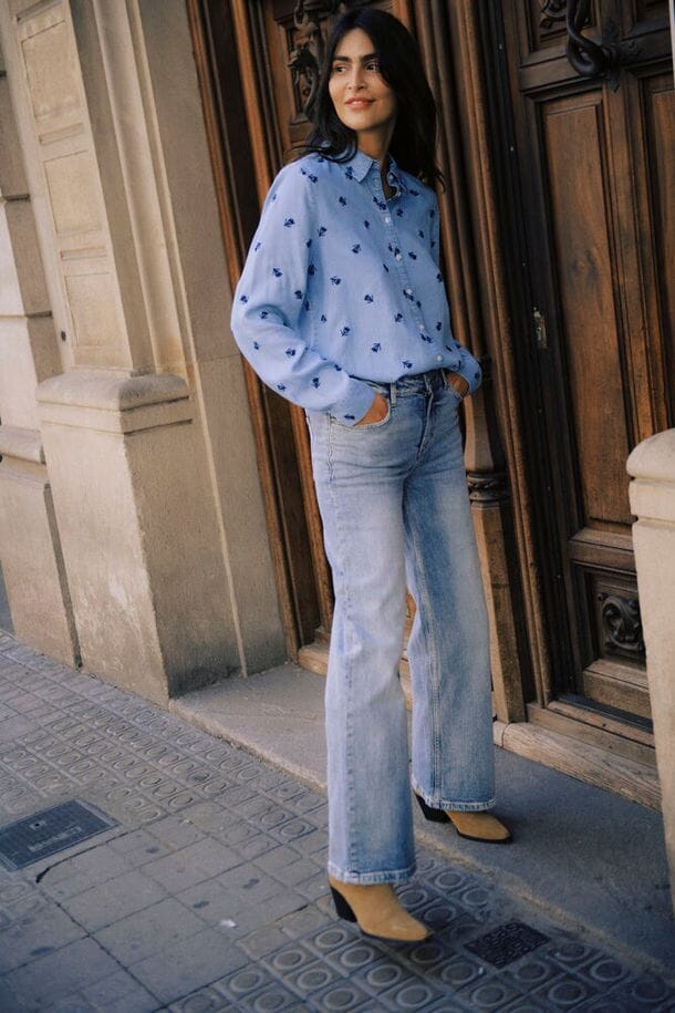 soft blue button down women, feminine embroidered blouse women, relaxed fit embroidered shirt women