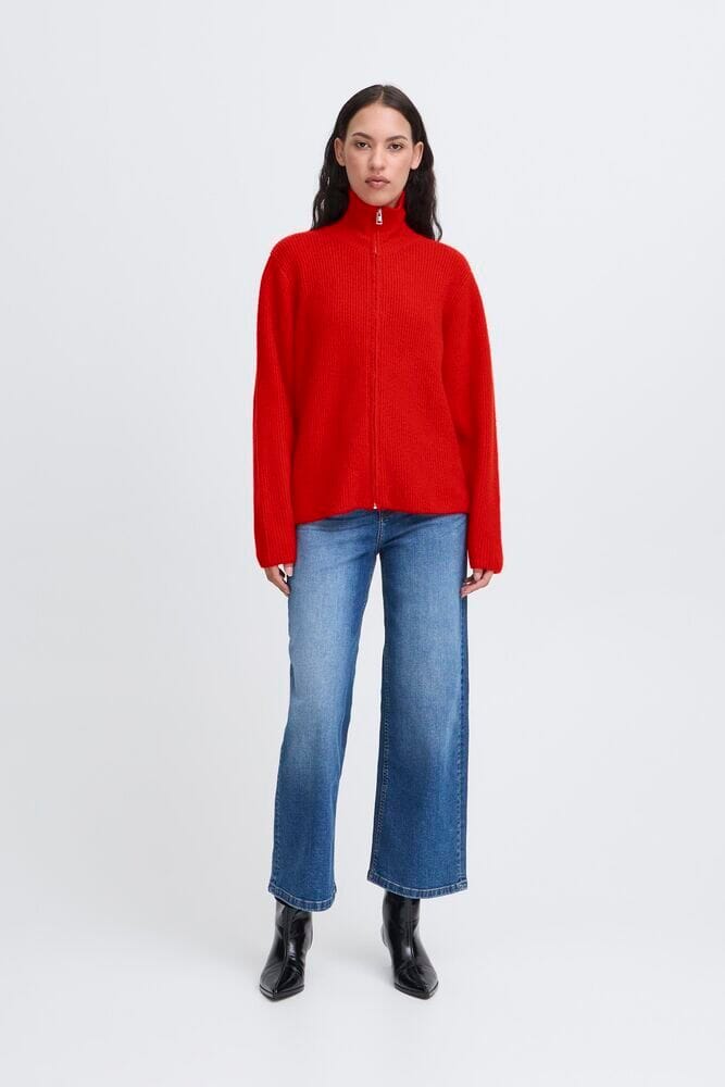 soft ribbed zip cardigan, statement red knit layer
