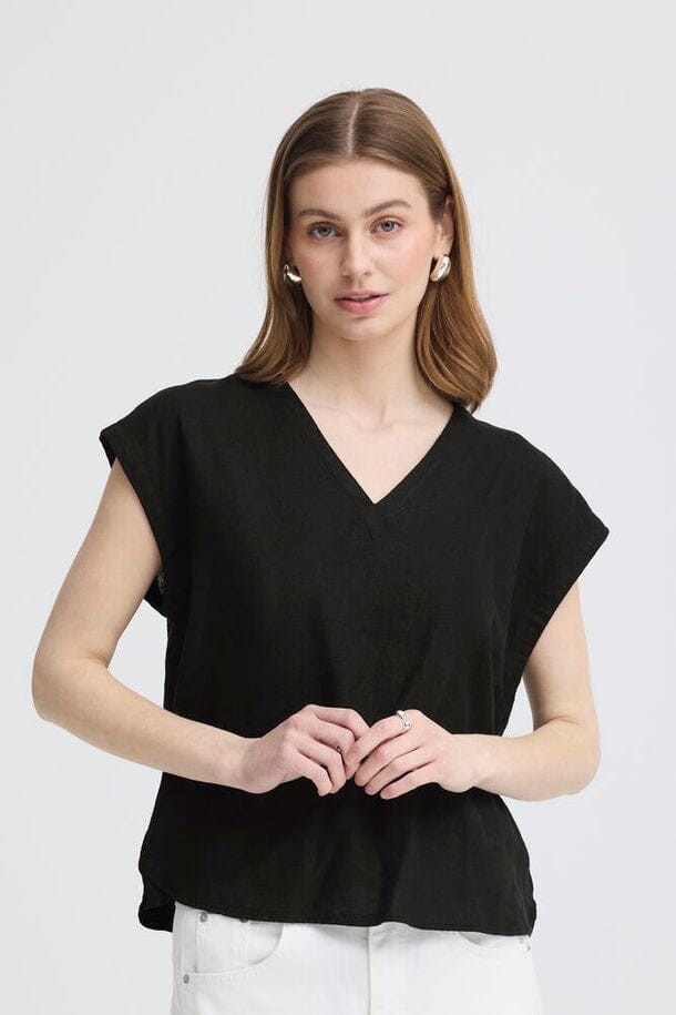 black linen v neck top women, black linen blouse women, relaxed linen top women black, lightweight summer top women linen black, breathable linen v neck blouse women black