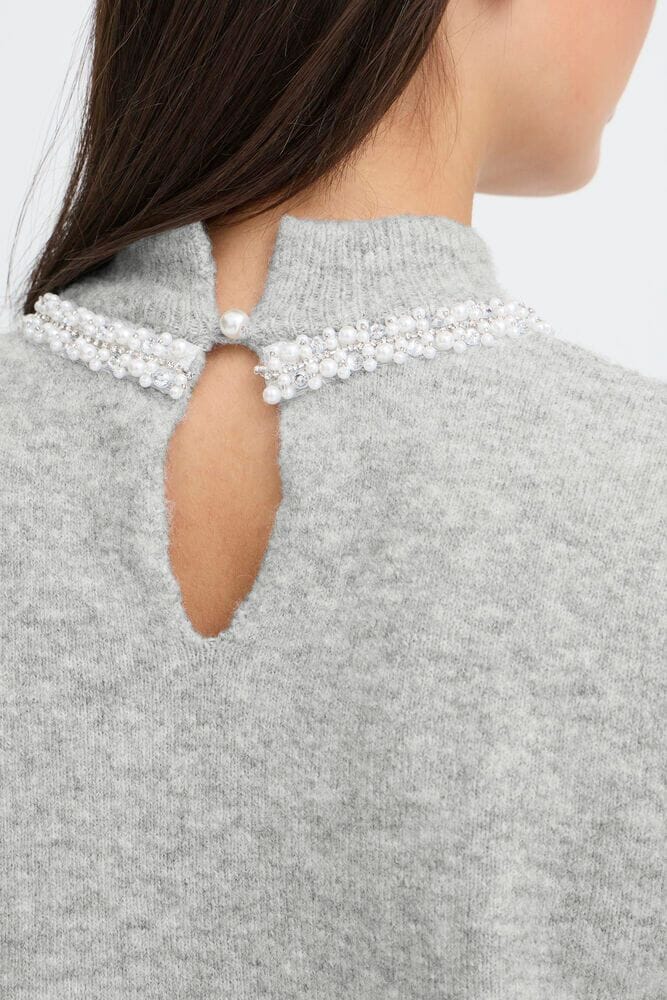 soft grey pullover, pearl detail sweater