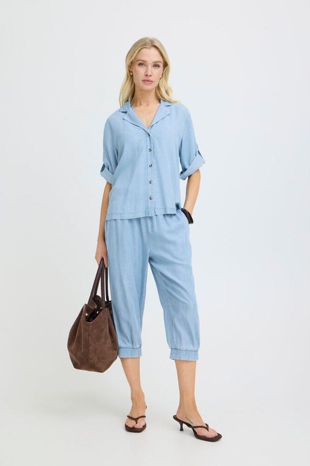 women's blue blouse collared, casual blue button shirt women, mid blue shirt women, women's lightweight button down shirt