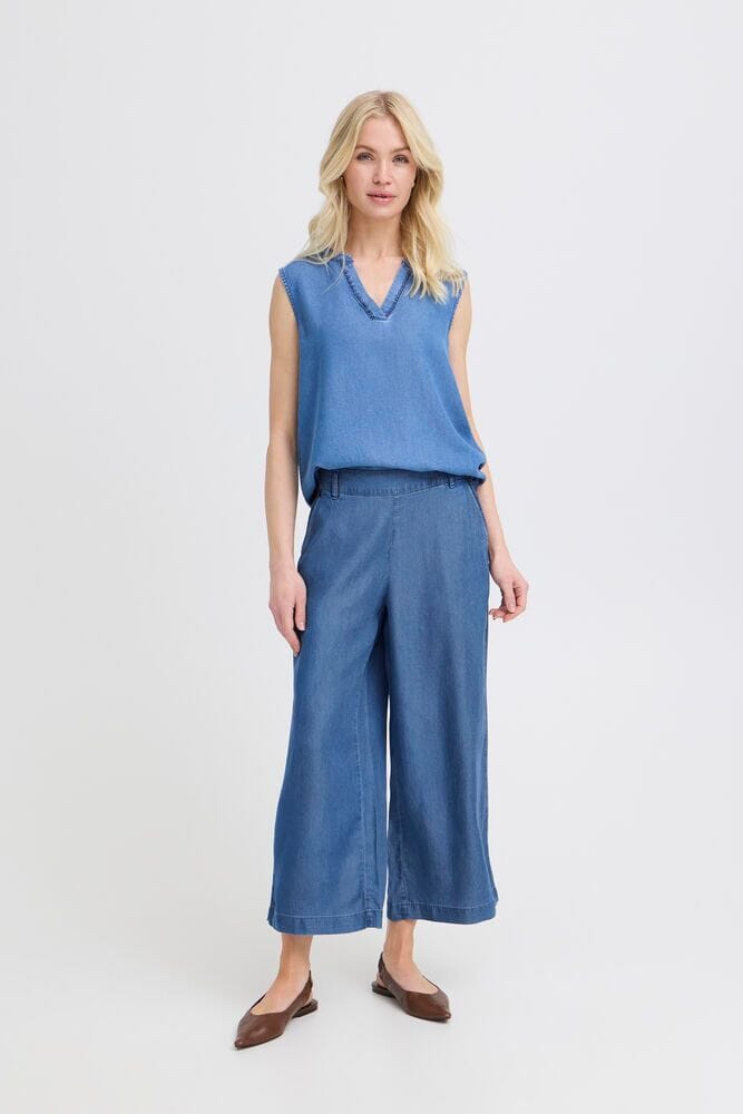 casual blue wide leg pants women, breathable denim style pants women, relaxed fit blue trousers women, washed blue summer pants women, cropped wide leg denim pants women