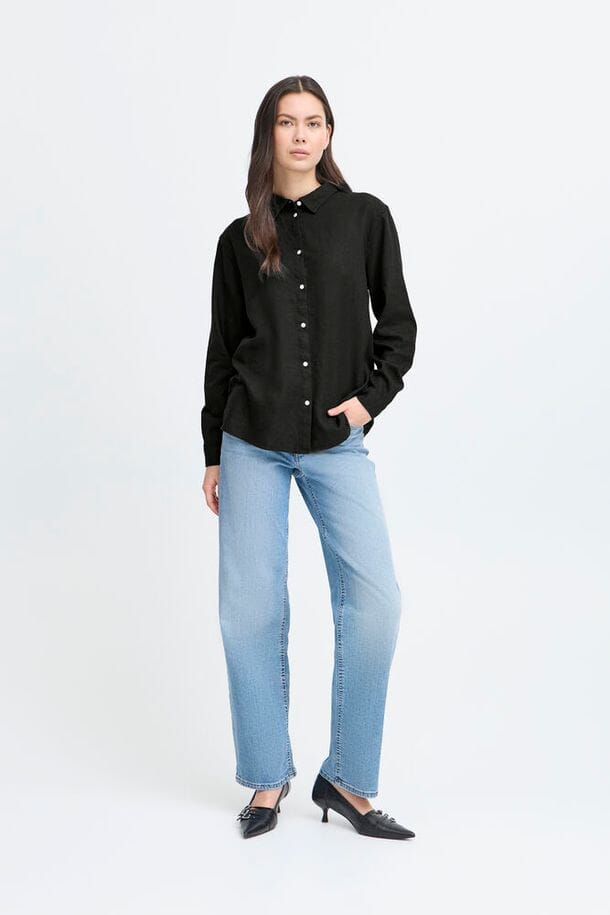linen workwear blouse black, versatile black linen clothing women, casual linen button down women black