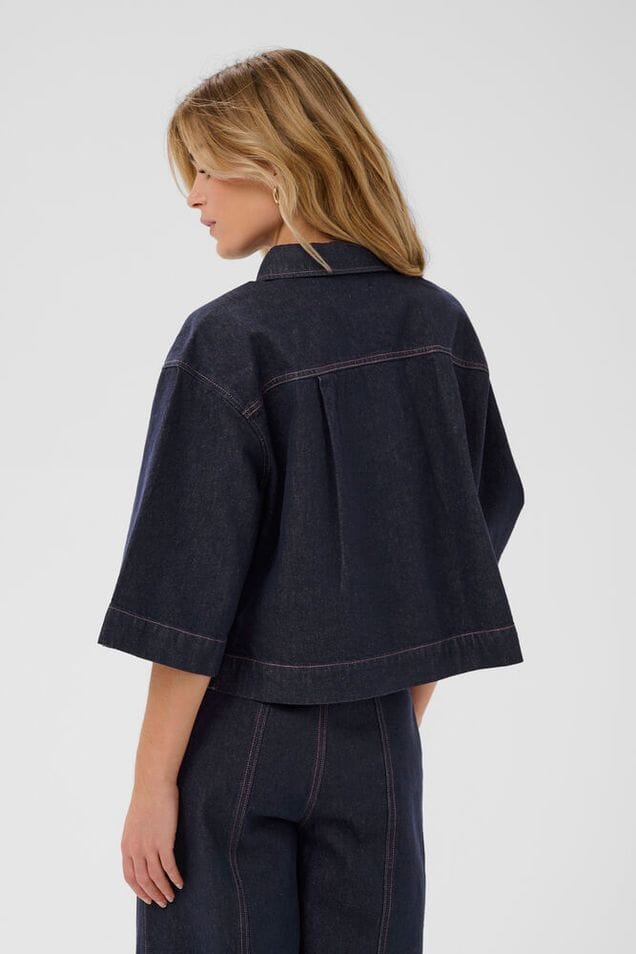 dark wash denim top women, everyday denim shirt