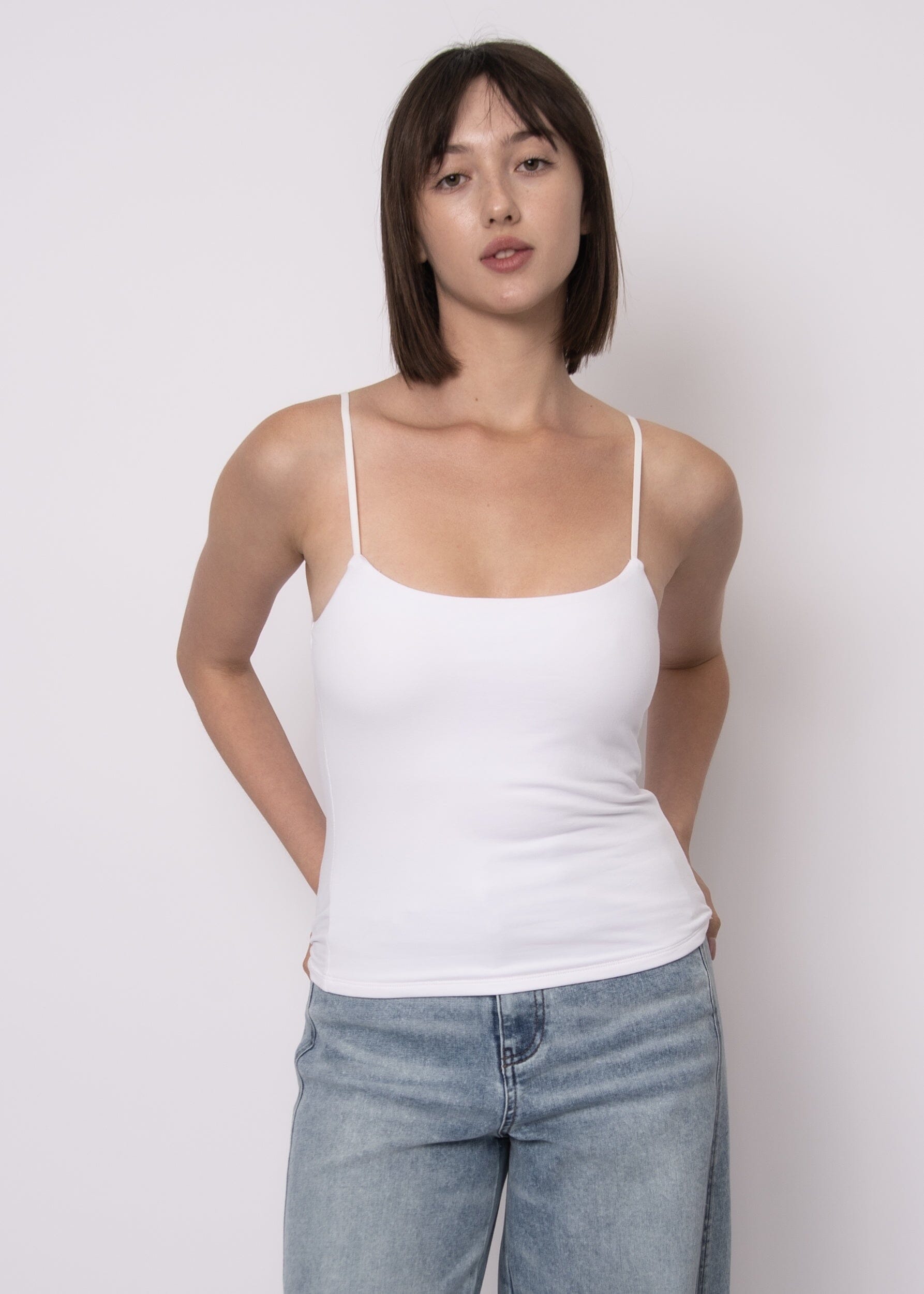 white cotton tank top women, built in bra tank top women, cotton camisole with support women, white cami with bra cups women, supportive tank top women white, stretch cotton camisole women
