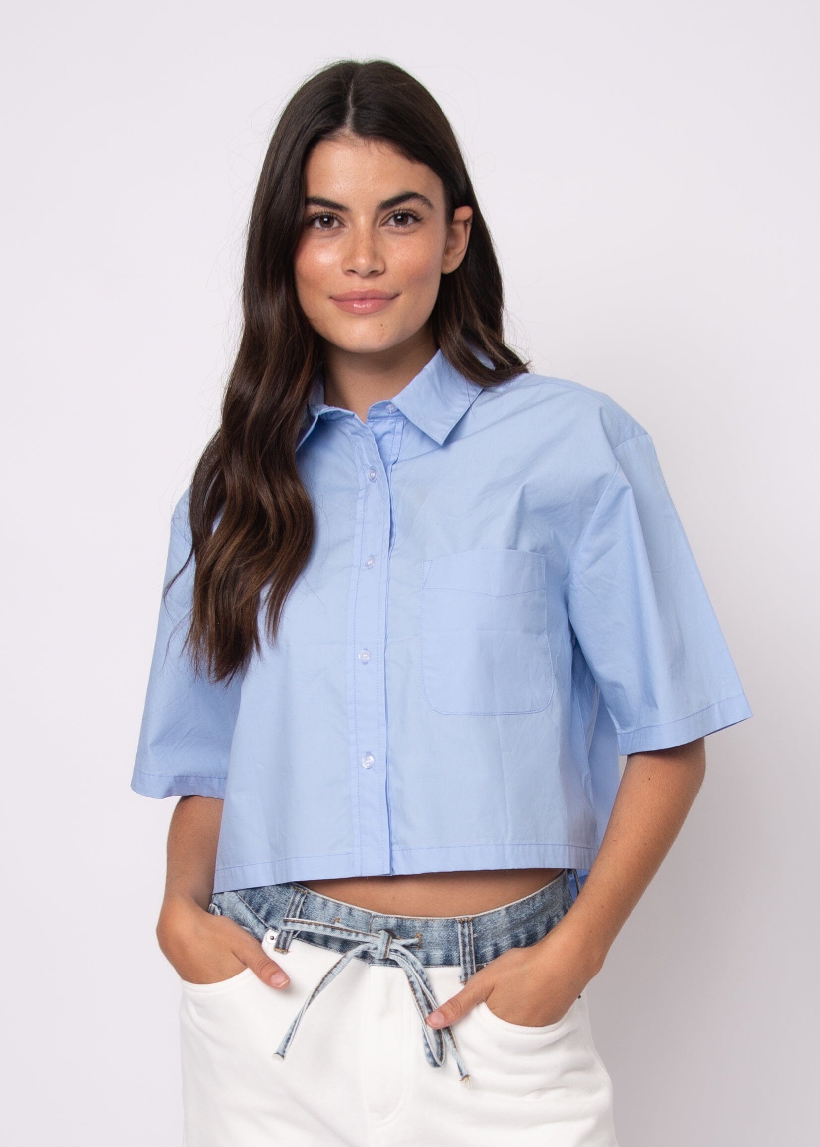blue poplin shirt women, blue short sleeve button down, cropped blue button up shirt, women blue collared shirt