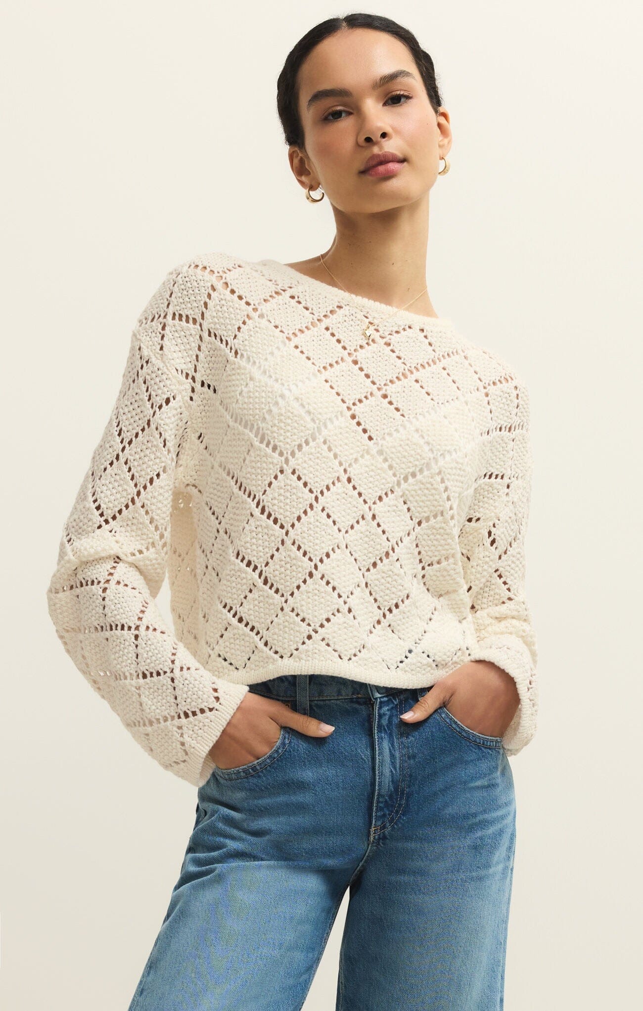 crochet sweater women, open knit sweater, white crochet sweater, lightweight knit sweater, casual crochet top, spring knit sweater, relaxed fit sweater women, textured knit sweater, everyday crochet sweater, breathable knit top, modern crochet sweater, women layering knit