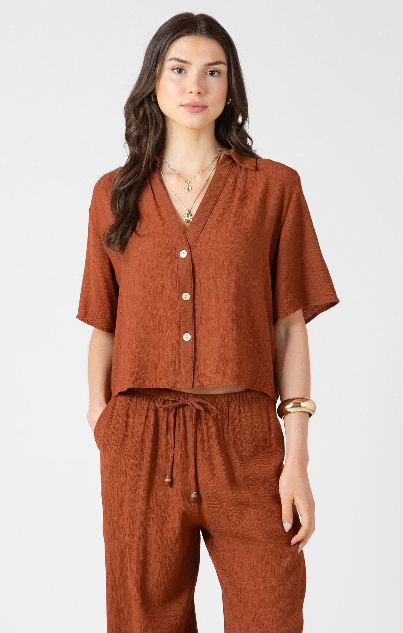 burnt sienna button down top, women’s button front blouse, short sleeve button down women, relaxed fit blouse women