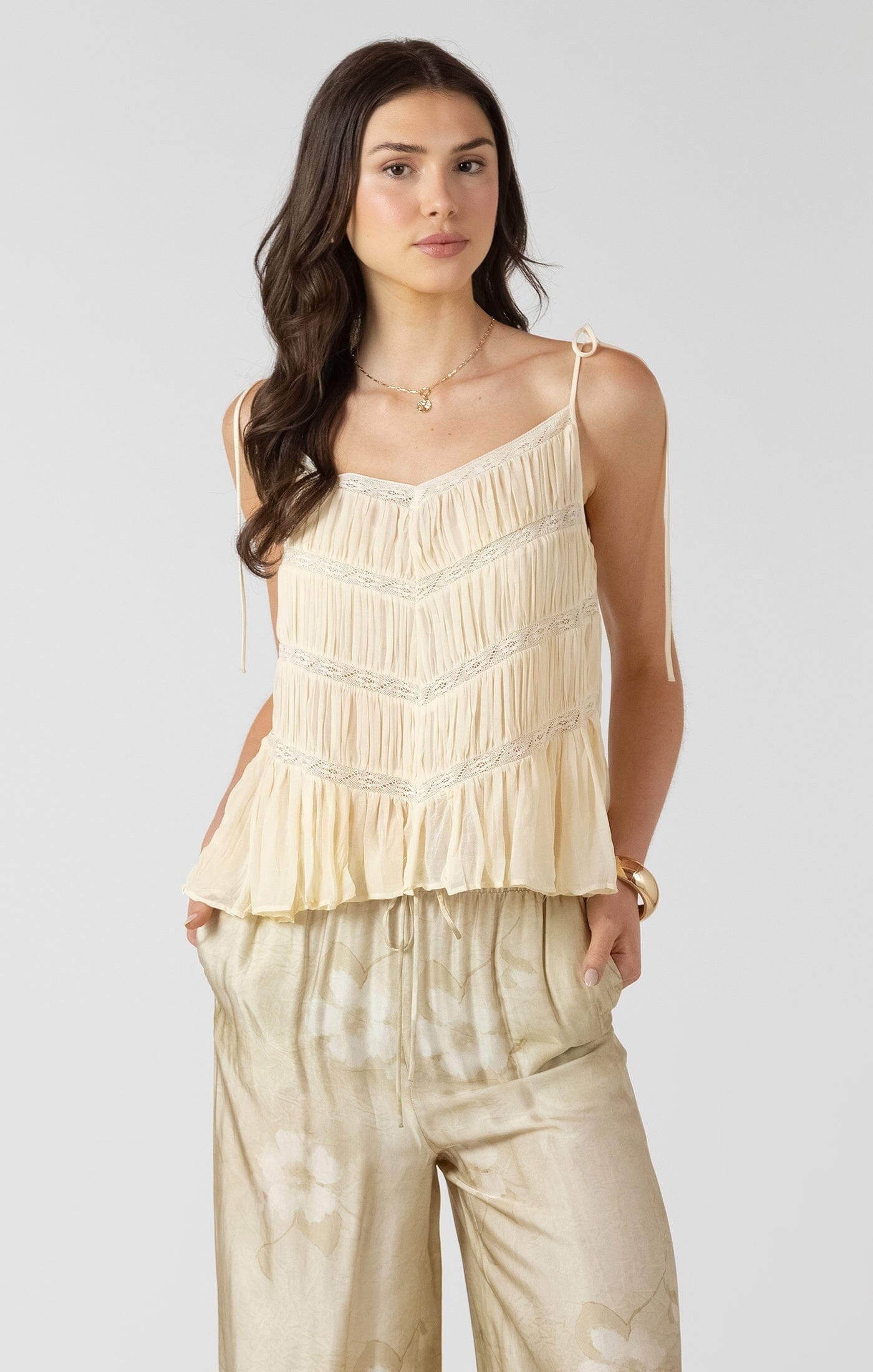 Tank Top for Women | Cream Lace Tie Shoulder Peplum Camisole | LORDON