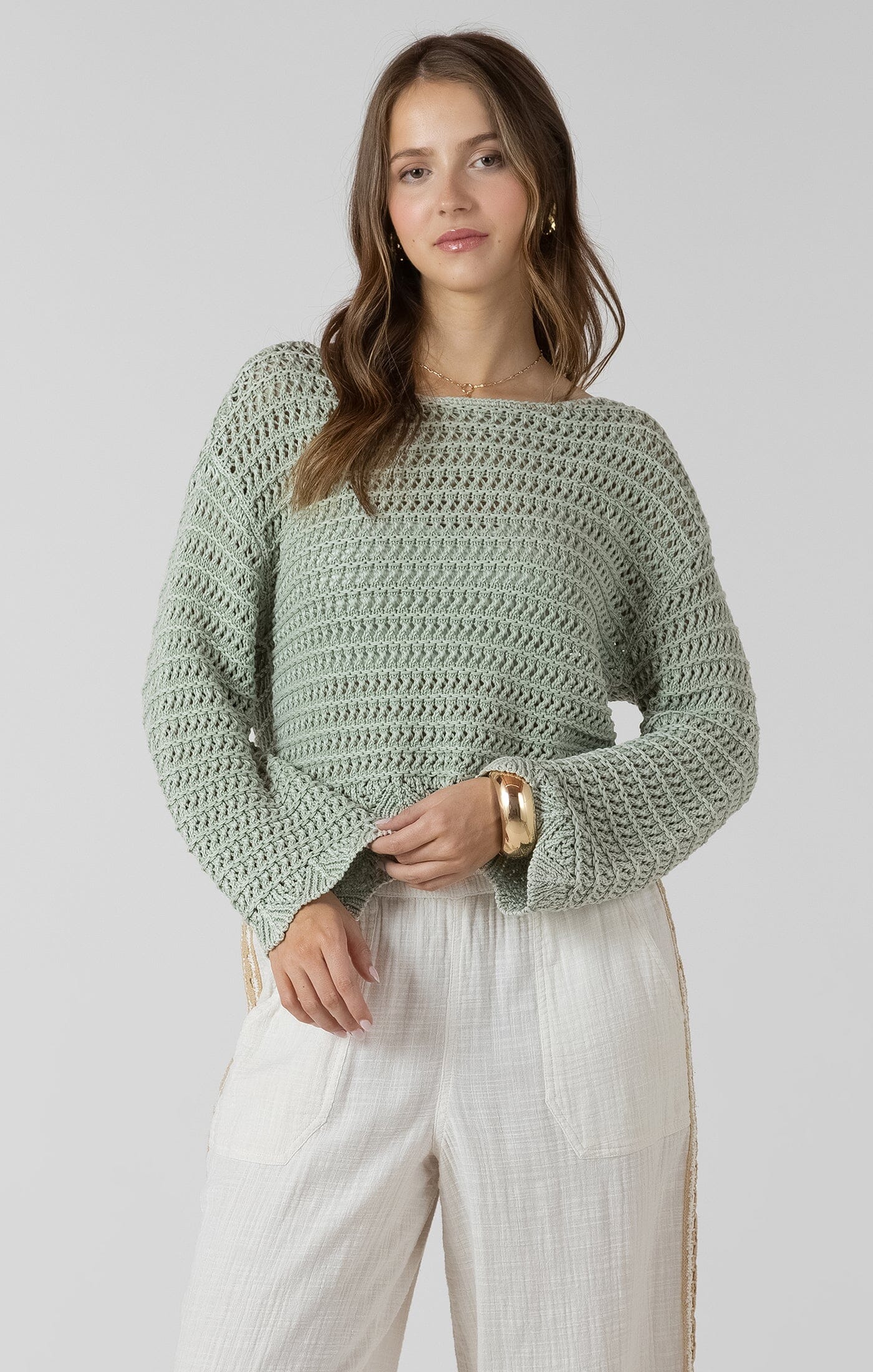 SAGE SCALLOPED HEM OPEN STITCH SWEATER, Dex, sage knit sweater women, open stitch sweater women, lightweight sage sweater