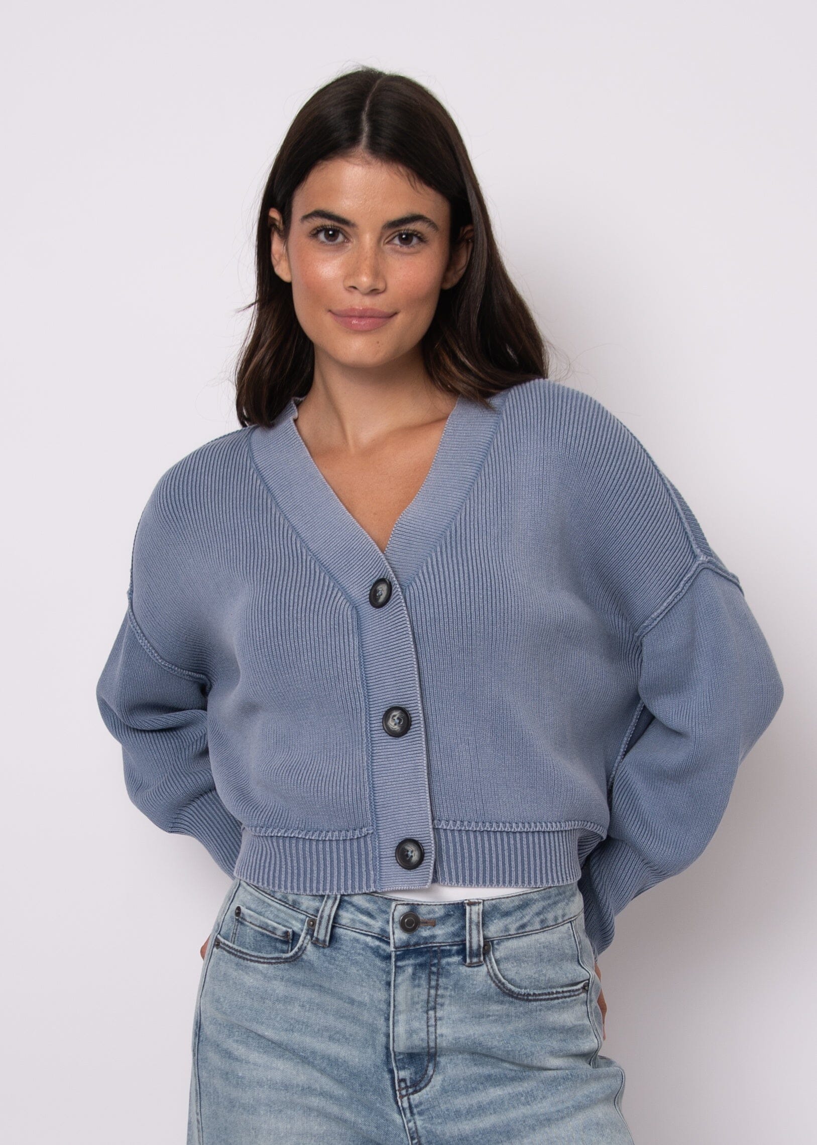 RD STYLE, blue ribbed cardigan women, slouchy blue cardigan, cropped blue cardigan women, relaxed fit cardigan blue, button front blue cardigan