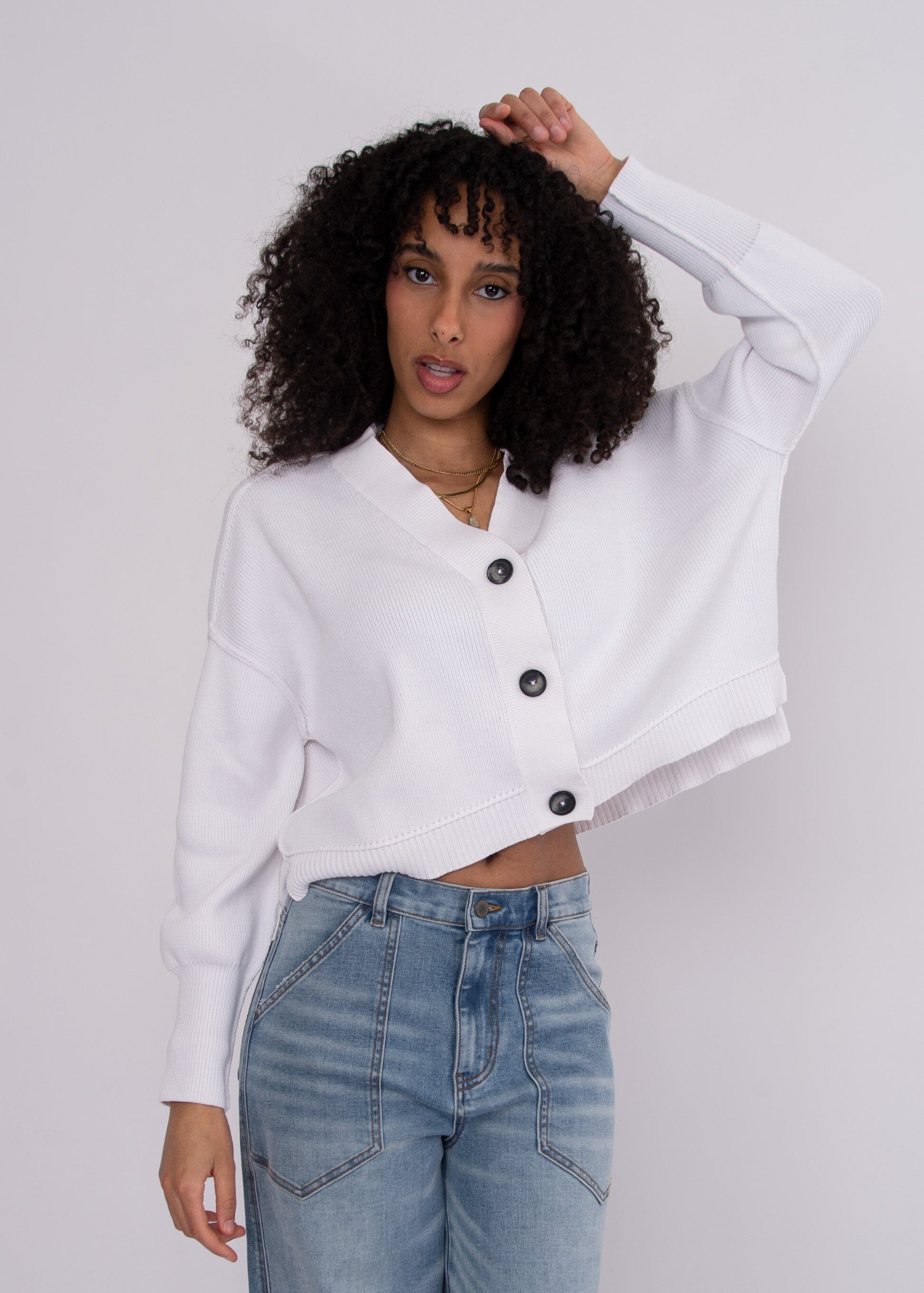 pois compact rib cardigan ホワイト White Rib Cardigan for Women | Slouchy Cropped Button Fit | LORDON