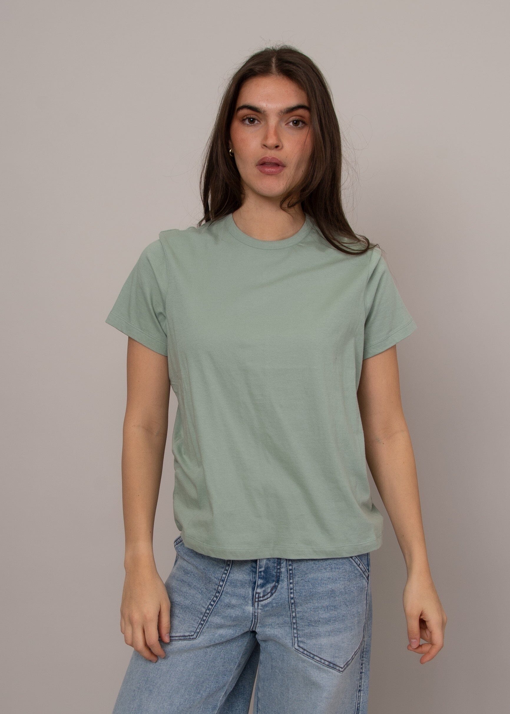 RD STYLE, green relaxed tee women, soft green t shirt women, relaxed fit green tee, casual green t shirt outfit, everyday green basic tee, muted green t shirt women