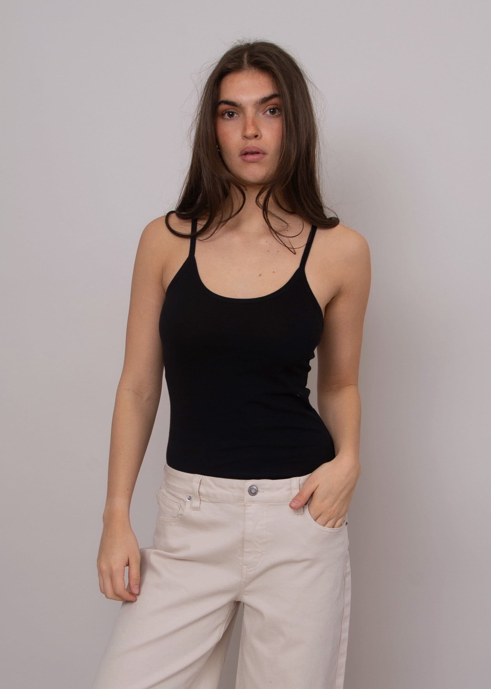 RD STYLE, black muscle tank, thin strap tank top women, fitted black tank top, basic black layering tank, minimalist black top women