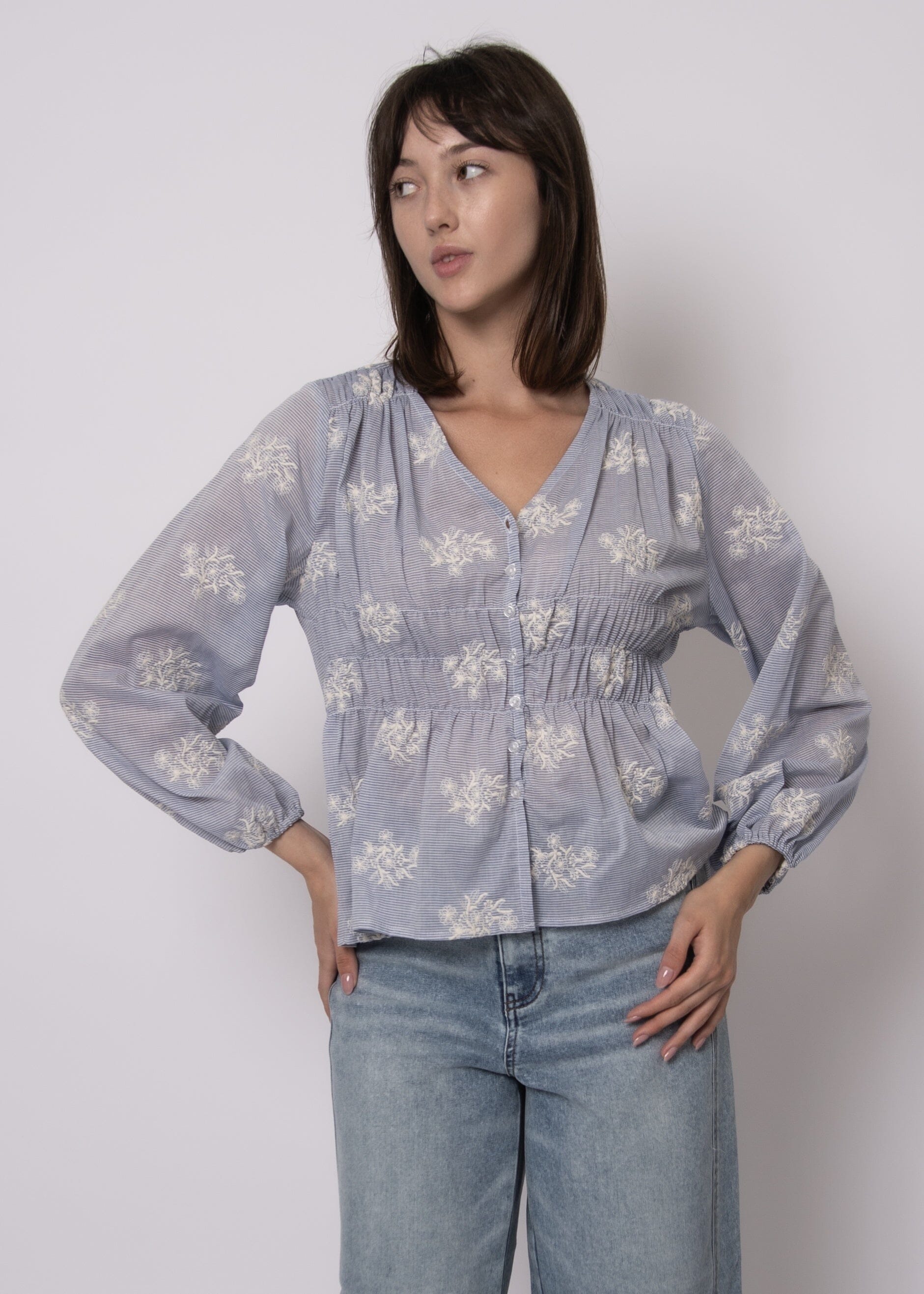 RD STYLE, smocked peplum top women, lightweight blouse women, blue printed blouse, spring peplum top, long sleeve casual blouse, everyday wear top women