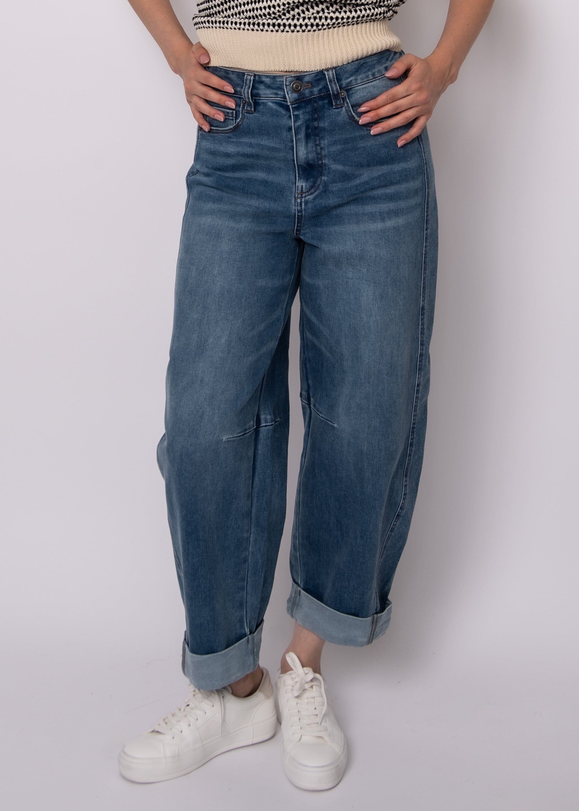 RD STYLE, dark wash barrel denim women, cuffed barrel leg jeans dark wash, women dark wash barrel jeans, relaxed barrel denim women