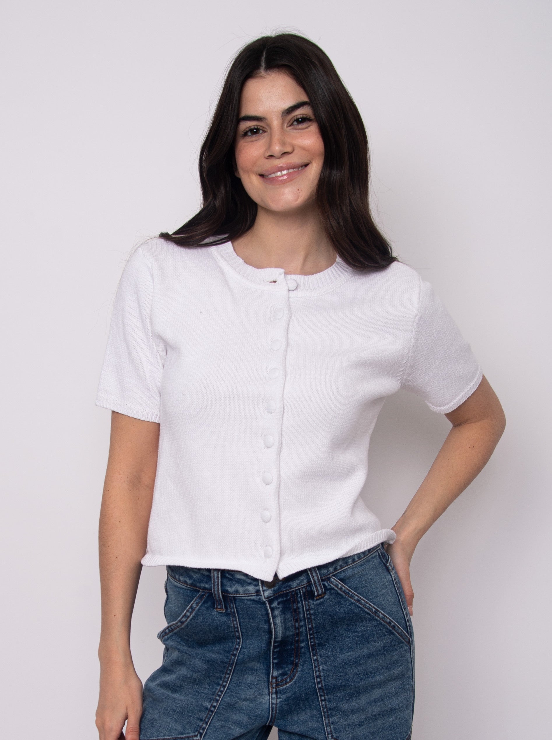 white short sleeve cardigan, women’s knit cardigan, fitted white cardigan, short sleeve knit top