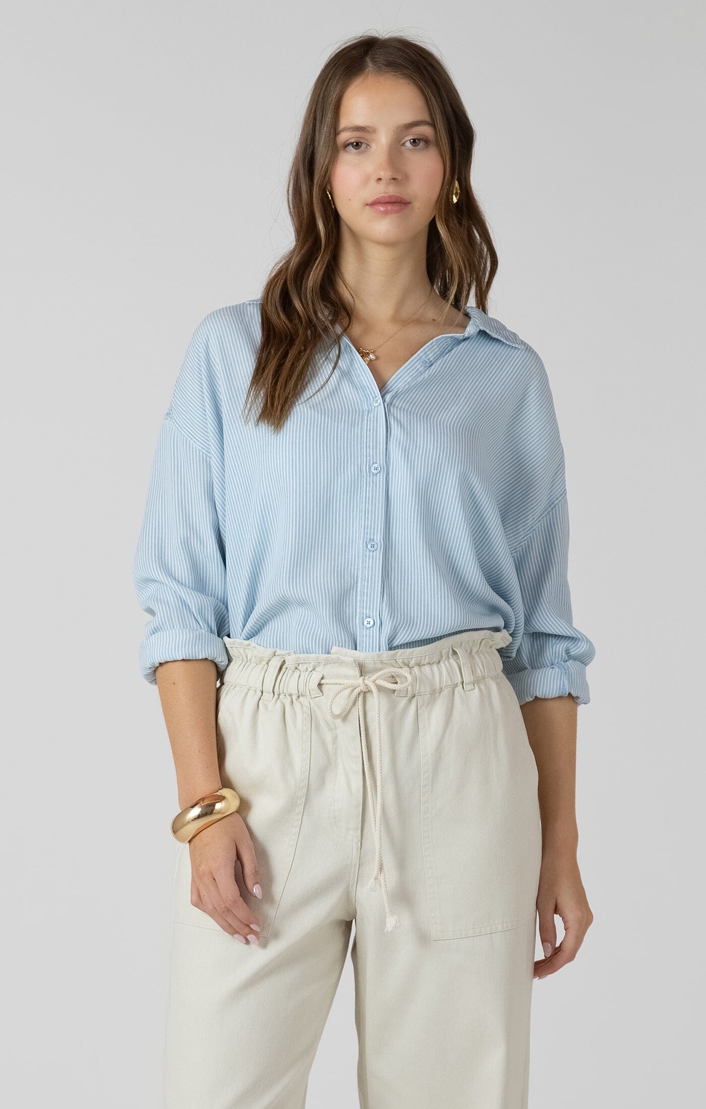 classic collar shirt women, modern button up blouse women, spring striped blouse women, chic casual shirt women, effortless button down women, light blue striped blouse women