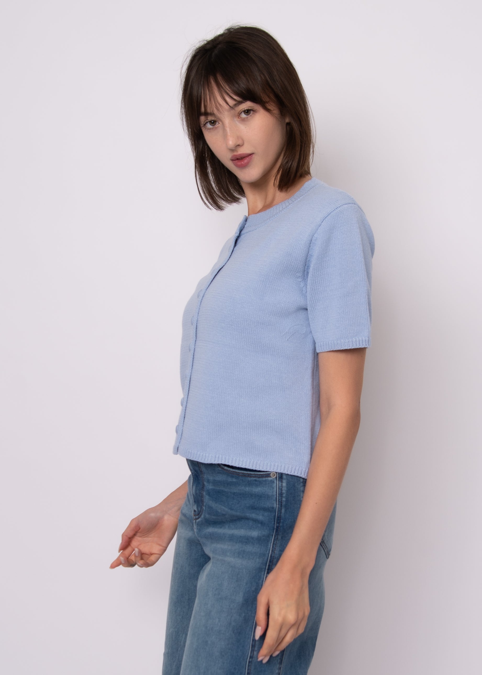 LIGHT BLUE SHORT SLEEVE CREW NECK CARDIGAN