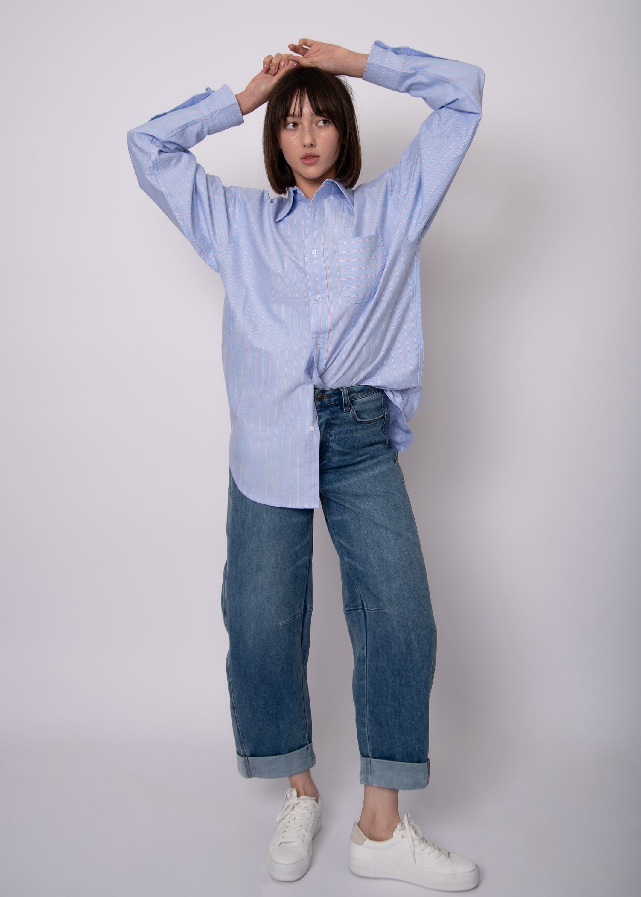 off duty buttondown shirt, timeless striped shirt, casual button up women, layering buttondown top, chic oxford shirt women