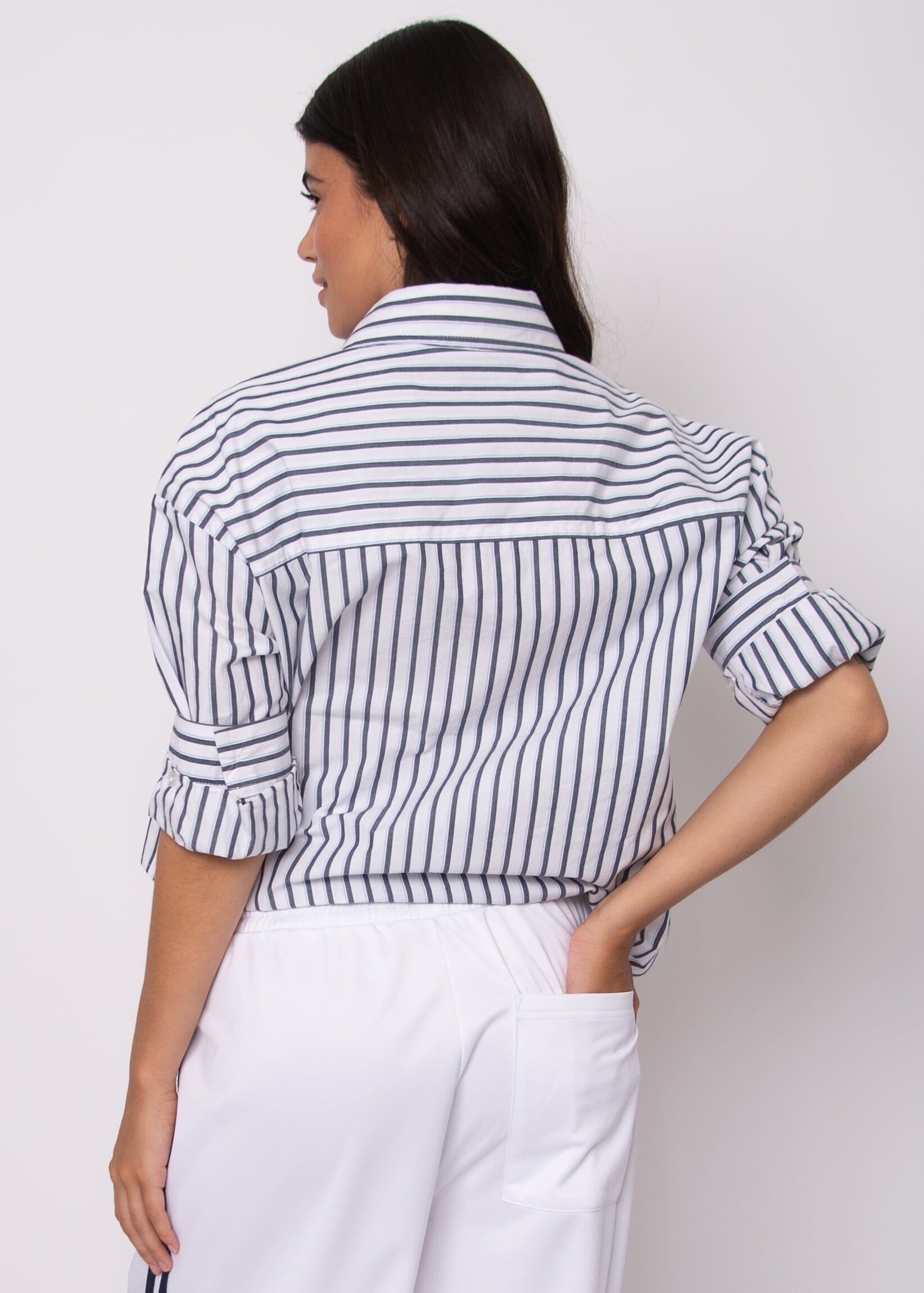 white poplin button up women, striped business casual blouse
